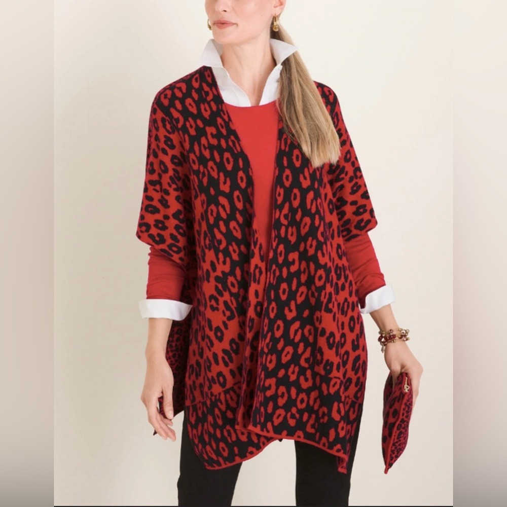 Chico's Red and Black Animal Print Poncho/Kimono Size Large/XL